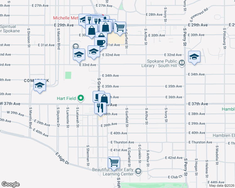 map of restaurants, bars, coffee shops, grocery stores, and more near 803 East 36th Avenue in Spokane