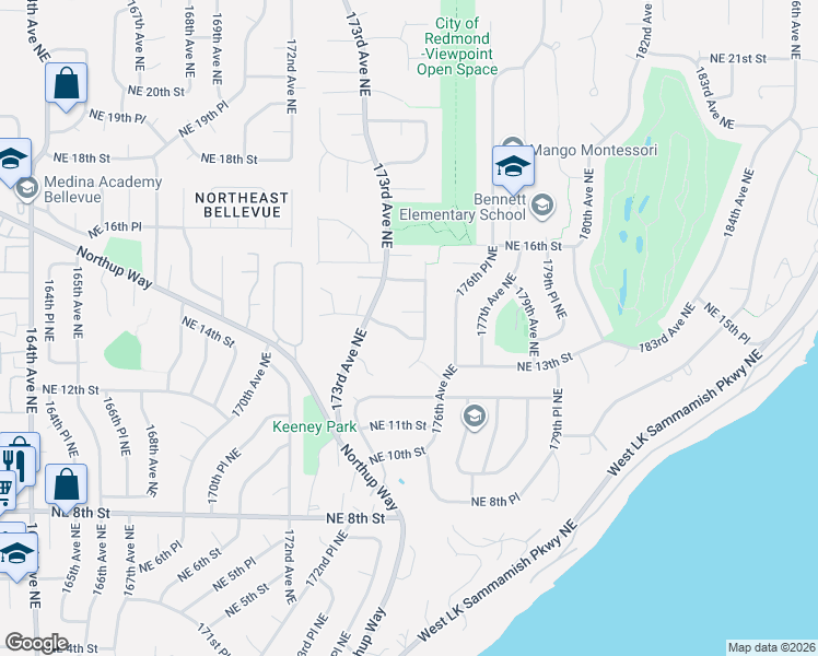 map of restaurants, bars, coffee shops, grocery stores, and more near 17308 Northeast 13th Place in Bellevue