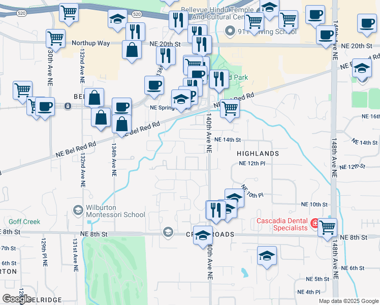 map of restaurants, bars, coffee shops, grocery stores, and more near 1312 139th Avenue Northeast in Bellevue