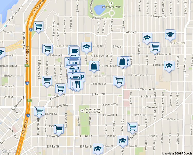 map of restaurants, bars, coffee shops, grocery stores, and more near in Seattle