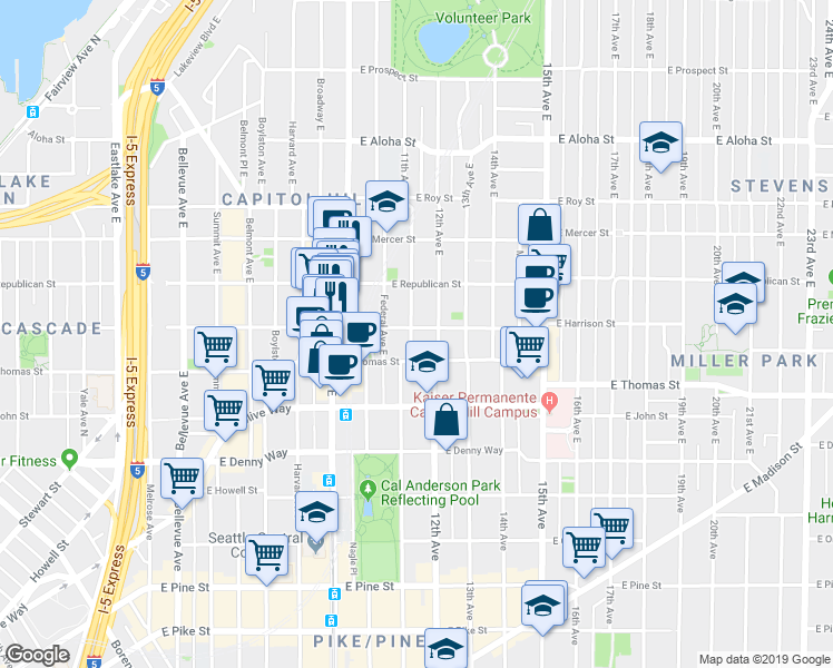 map of restaurants, bars, coffee shops, grocery stores, and more near 304 11th Avenue East in Seattle