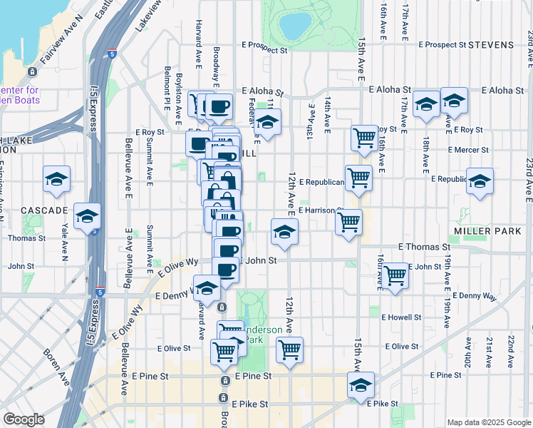 map of restaurants, bars, coffee shops, grocery stores, and more near 1017 East Harrison Street in Seattle