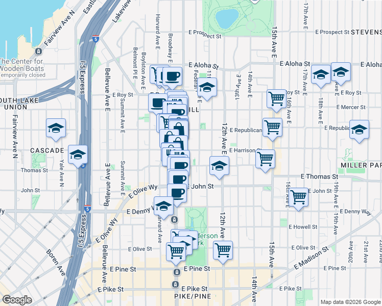 map of restaurants, bars, coffee shops, grocery stores, and more near 1017 East Harrison Street in Seattle