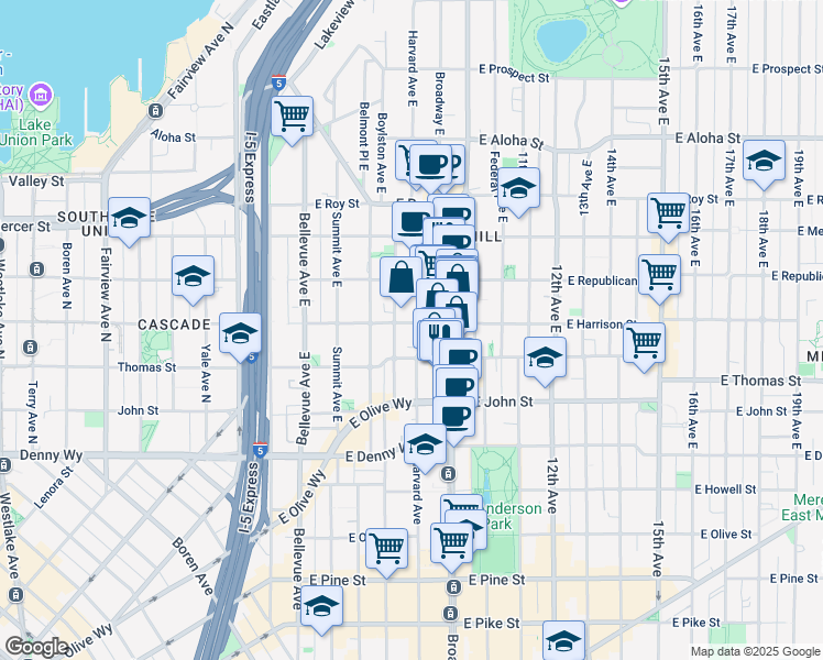 map of restaurants, bars, coffee shops, grocery stores, and more near 401 Harvard Avenue East in Seattle