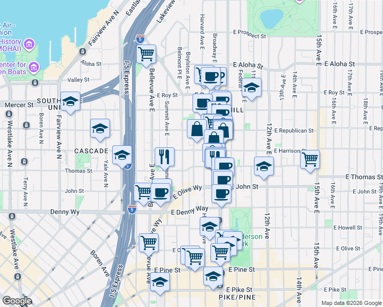 map of restaurants, bars, coffee shops, grocery stores, and more near 609 East Harrison Street in Seattle