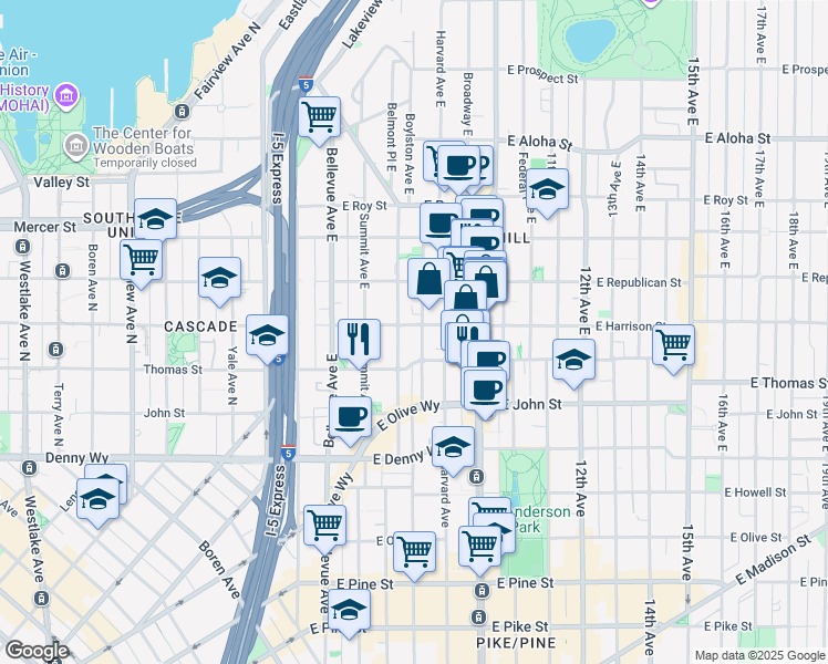 map of restaurants, bars, coffee shops, grocery stores, and more near 511 East Harrison Street in Seattle
