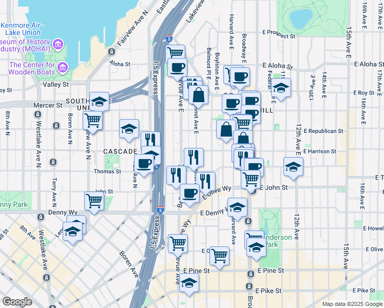map of restaurants, bars, coffee shops, grocery stores, and more near 502 East Harrison Street in Seattle