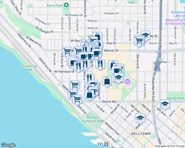 map of restaurants, bars, coffee shops, grocery stores, and more near 334 1st Avenue North in Seattle