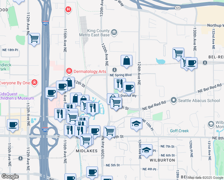 map of restaurants, bars, coffee shops, grocery stores, and more near 1375 121st Avenue NorthEast in Bellevue