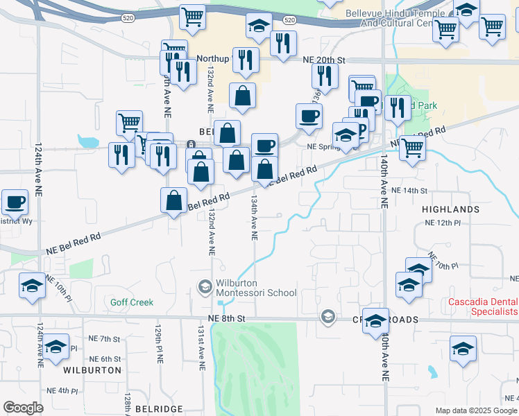 map of restaurants, bars, coffee shops, grocery stores, and more near 13408 Northeast 12th Place in Bellevue
