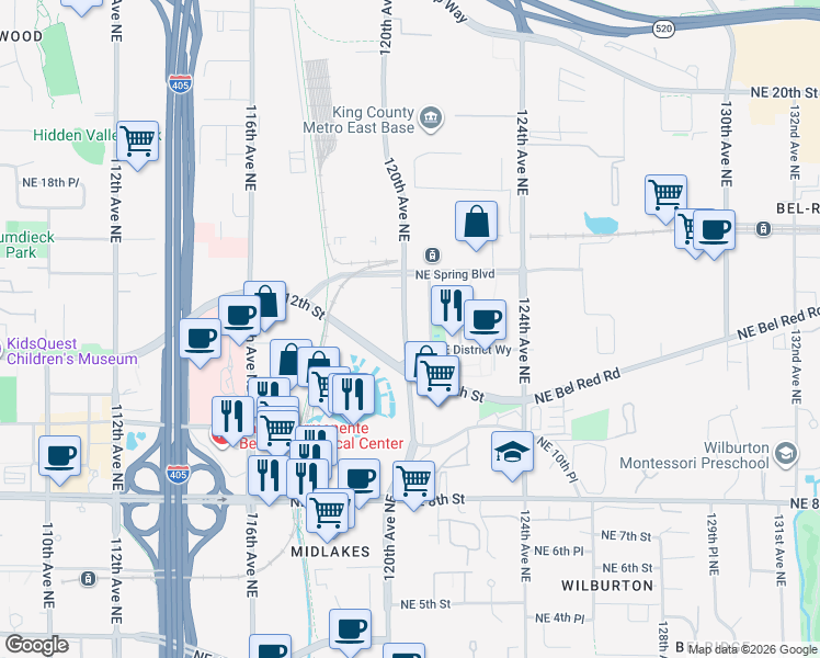 map of restaurants, bars, coffee shops, grocery stores, and more near 1375 121st Avenue NorthEast in Bellevue