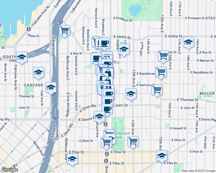 map of restaurants, bars, coffee shops, grocery stores, and more near 324 Broadway East in Seattle