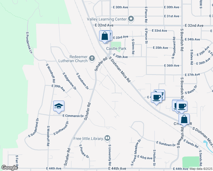 map of restaurants, bars, coffee shops, grocery stores, and more near 3821 Old Schafer in Spokane Valley