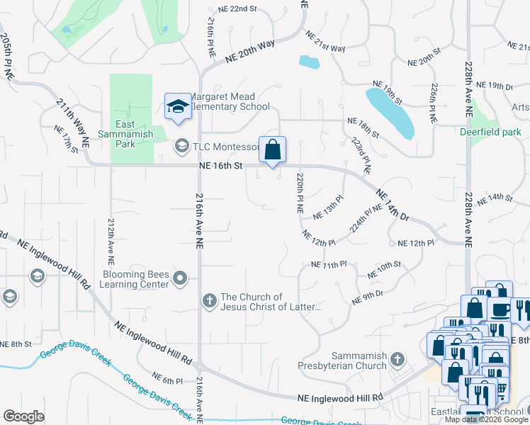 map of restaurants, bars, coffee shops, grocery stores, and more near 1260 218th Avenue Northeast in Sammamish
