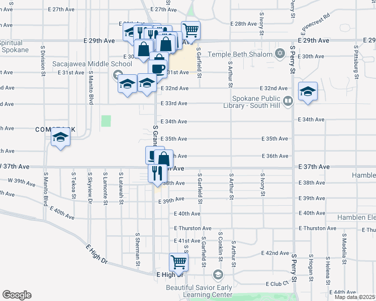 map of restaurants, bars, coffee shops, grocery stores, and more near 803 East 36th Avenue in Spokane