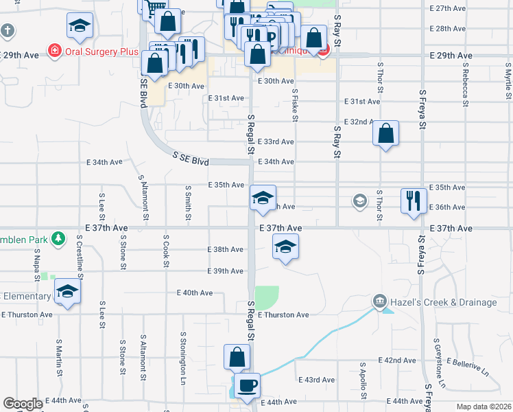 map of restaurants, bars, coffee shops, grocery stores, and more near 2921 East 36th Avenue in Spokane