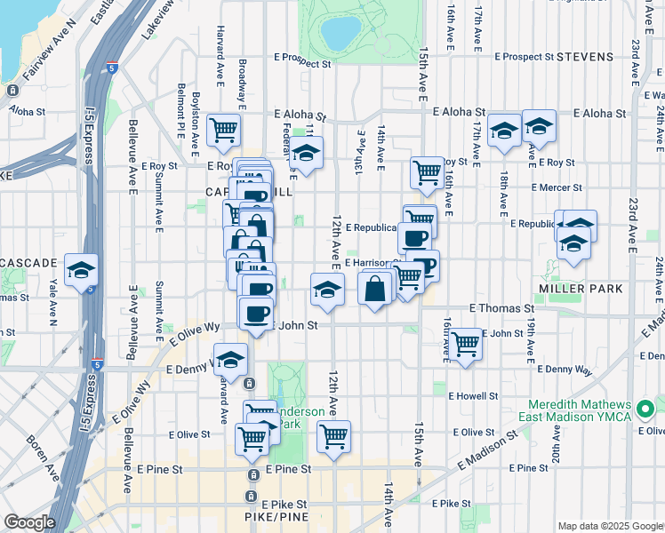 map of restaurants, bars, coffee shops, grocery stores, and more near 1111 East Harrison Street in Seattle