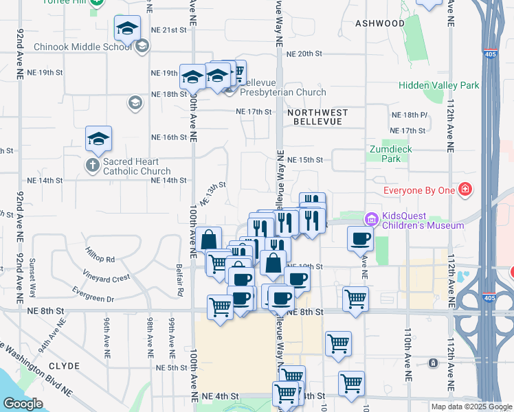 map of restaurants, bars, coffee shops, grocery stores, and more near 10290 Northeast 12th Street in Bellevue
