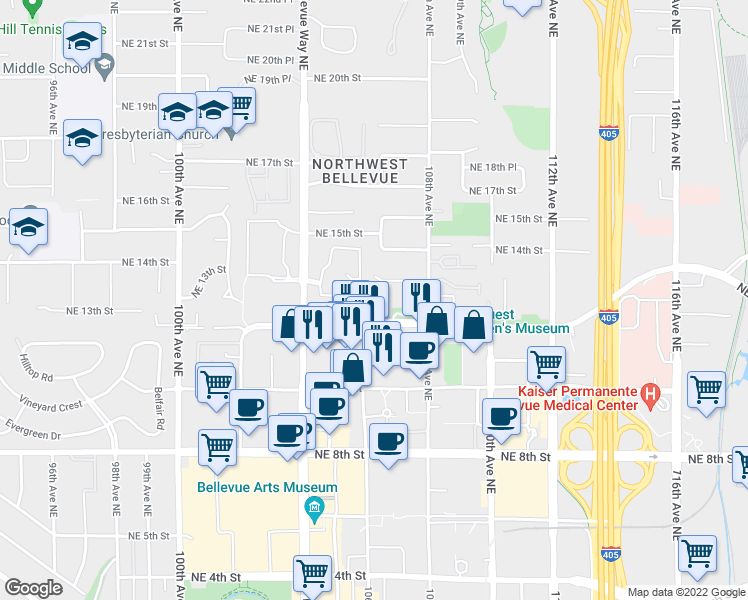 map of restaurants, bars, coffee shops, grocery stores, and more near 1231 106th Place Northeast in Bellevue