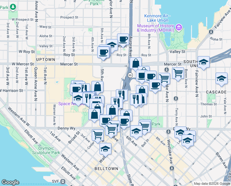map of restaurants, bars, coffee shops, grocery stores, and more near 319 6th Avenue North in Seattle