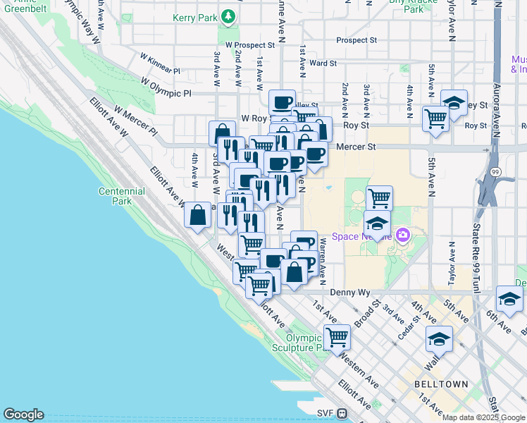 map of restaurants, bars, coffee shops, grocery stores, and more near 350 1st Avenue West in Seattle