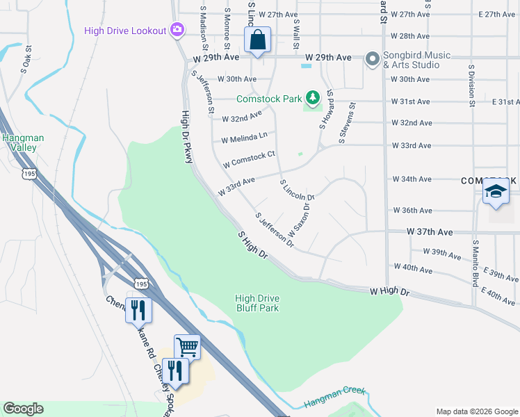 map of restaurants, bars, coffee shops, grocery stores, and more near 3421 South Jefferson Drive in Spokane