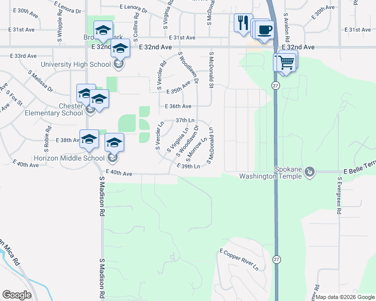 map of restaurants, bars, coffee shops, grocery stores, and more near 3812 South Morrow Lane in Spokane Valley
