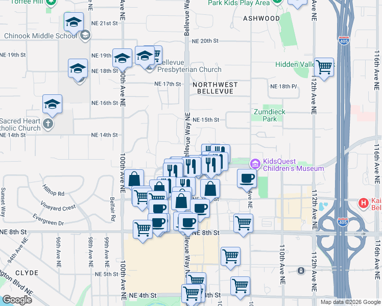map of restaurants, bars, coffee shops, grocery stores, and more near 1300 Bellevue Way Northeast in Bellevue