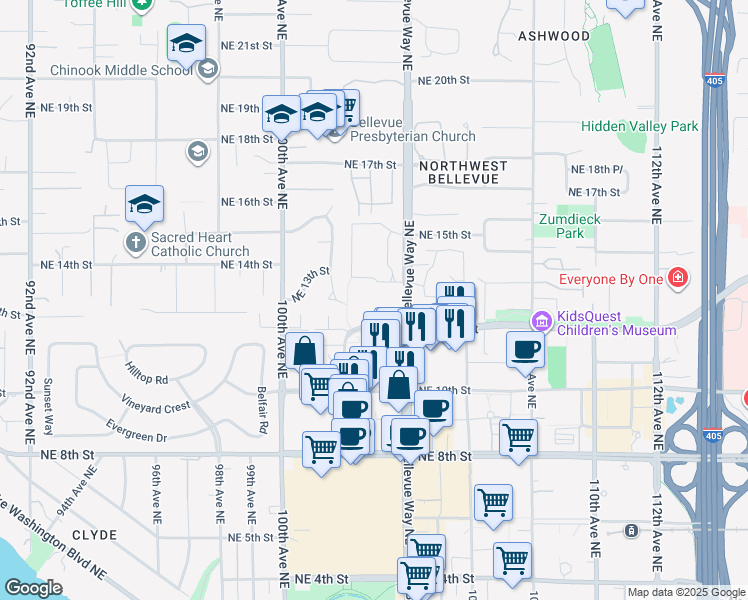map of restaurants, bars, coffee shops, grocery stores, and more near 10290 Northeast 12th Street in Bellevue