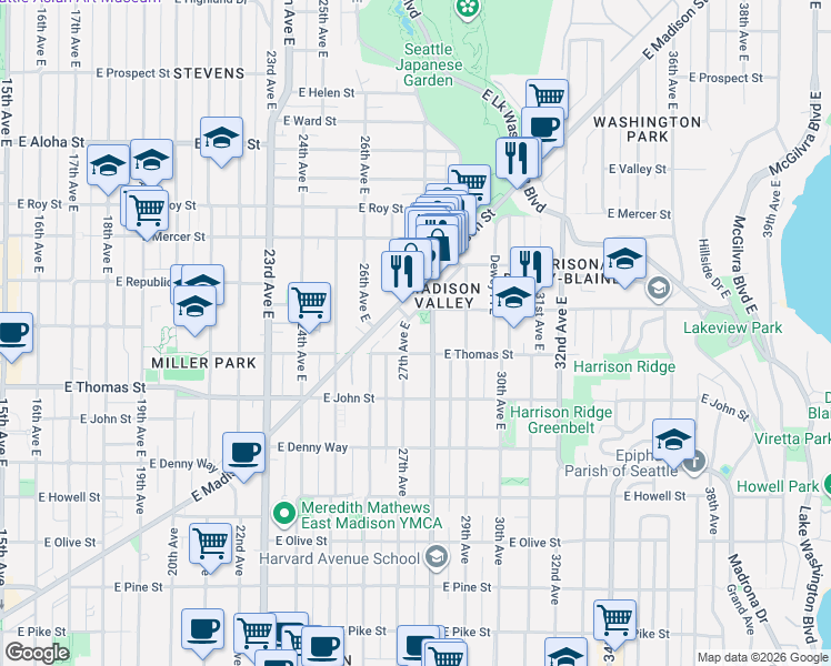 map of restaurants, bars, coffee shops, grocery stores, and more near in Seattle