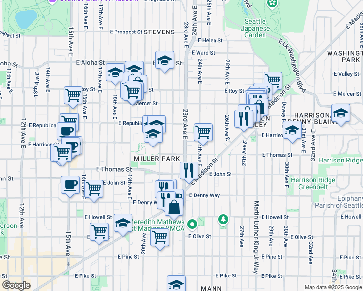 map of restaurants, bars, coffee shops, grocery stores, and more near 315 23rd Avenue East in Seattle