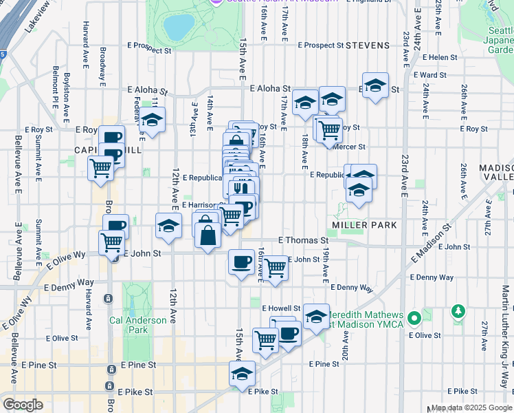 map of restaurants, bars, coffee shops, grocery stores, and more near in Seattle