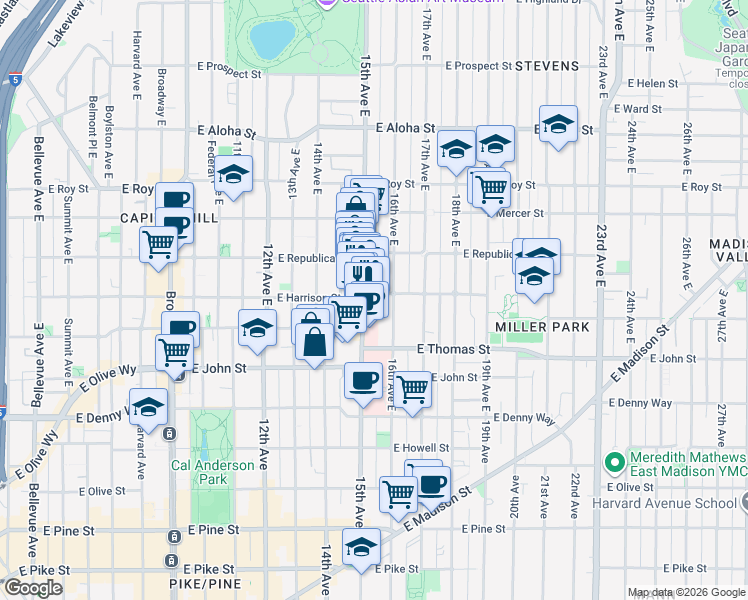 map of restaurants, bars, coffee shops, grocery stores, and more near in Seattle