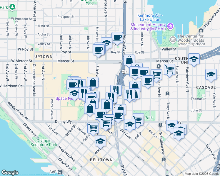 map of restaurants, bars, coffee shops, grocery stores, and more near 565 Harrison Street in Seattle