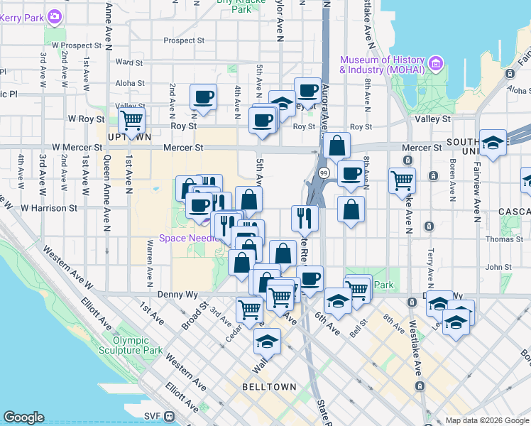 map of restaurants, bars, coffee shops, grocery stores, and more near 332 5th Avenue North in Seattle