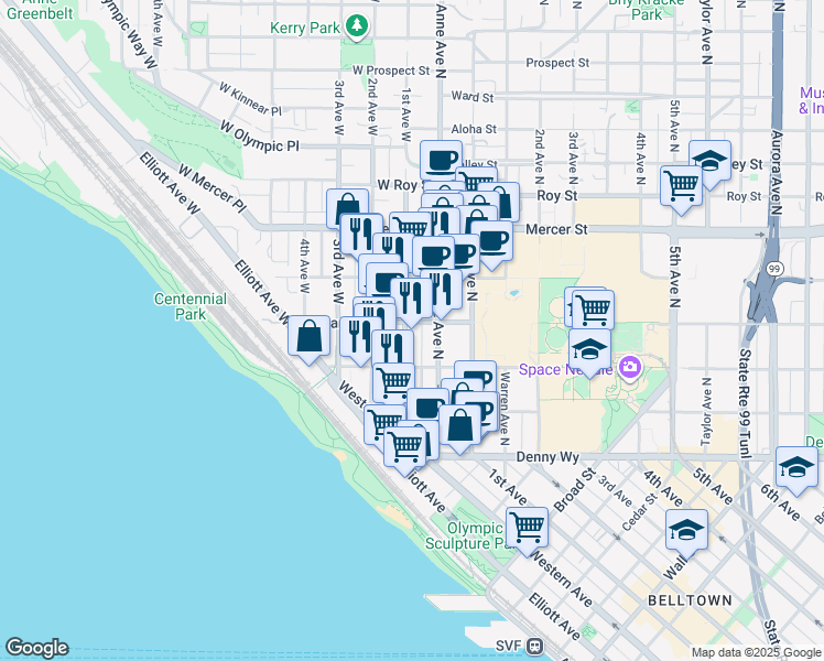 map of restaurants, bars, coffee shops, grocery stores, and more near 103 West Harrison Street in Seattle