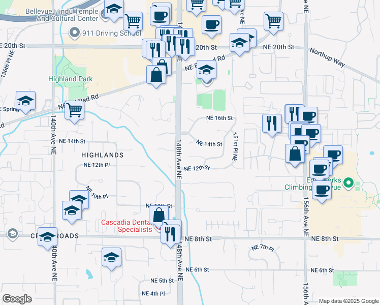 map of restaurants, bars, coffee shops, grocery stores, and more near 14814 NE 13th St in Bellevue