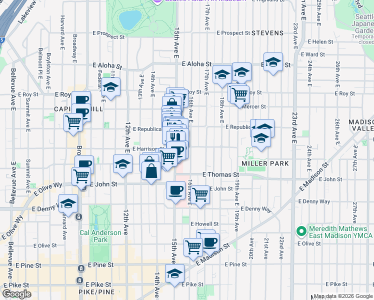 map of restaurants, bars, coffee shops, grocery stores, and more near 349 16th Avenue East in Seattle