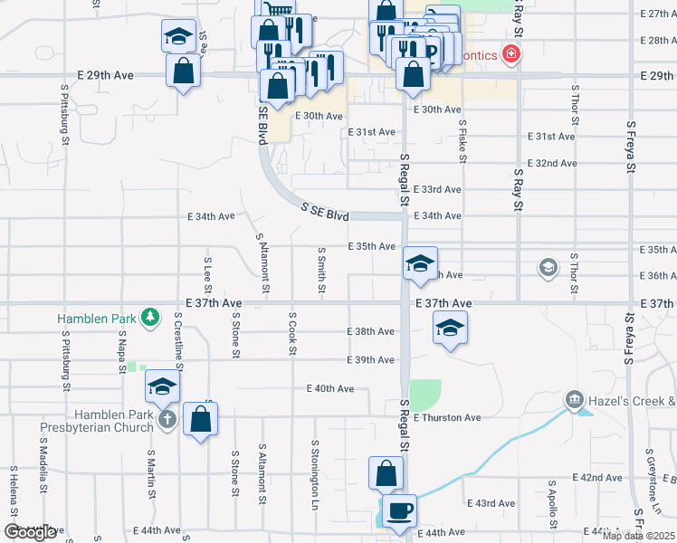 map of restaurants, bars, coffee shops, grocery stores, and more near 3526 South Mount Vernon Street in Spokane
