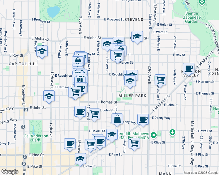 map of restaurants, bars, coffee shops, grocery stores, and more near 348 18th Avenue East in Seattle