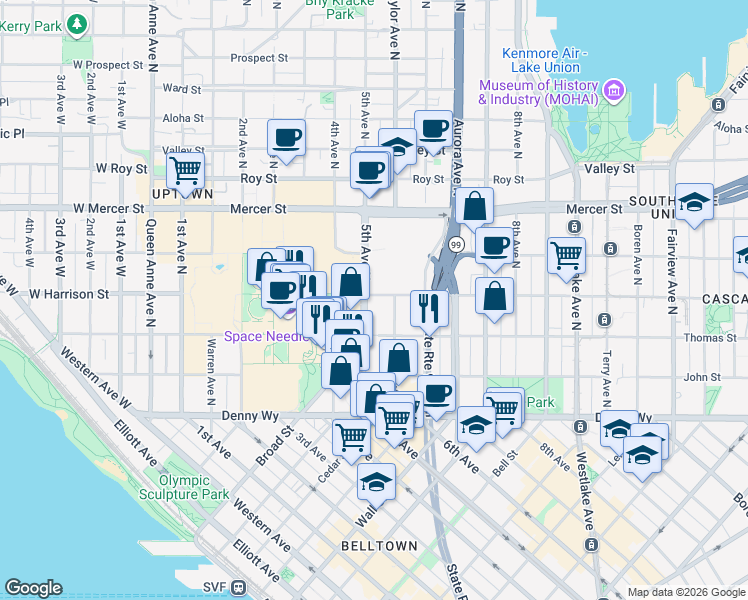 map of restaurants, bars, coffee shops, grocery stores, and more near 332 5th Avenue North in Seattle
