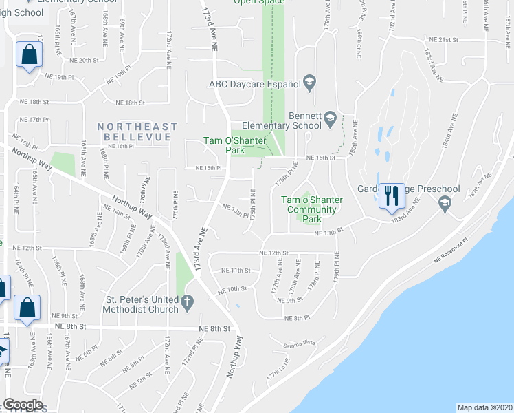 map of restaurants, bars, coffee shops, grocery stores, and more near 1304 175th Place Northeast in Bellevue