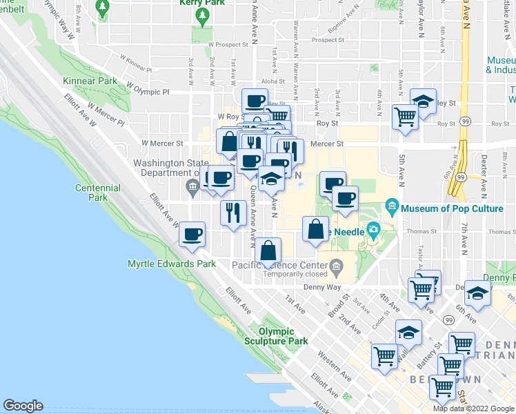 map of restaurants, bars, coffee shops, grocery stores, and more near 19 West Harrison Street in Seattle