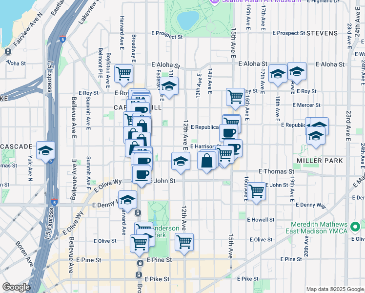 map of restaurants, bars, coffee shops, grocery stores, and more near 1115 East Harrison Street in Seattle