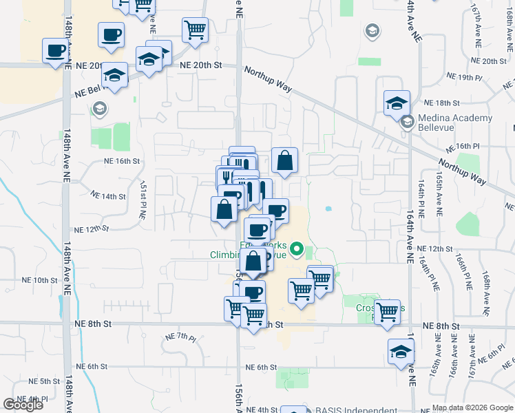 map of restaurants, bars, coffee shops, grocery stores, and more near 15701 Northeast 14th Terrace in Bellevue