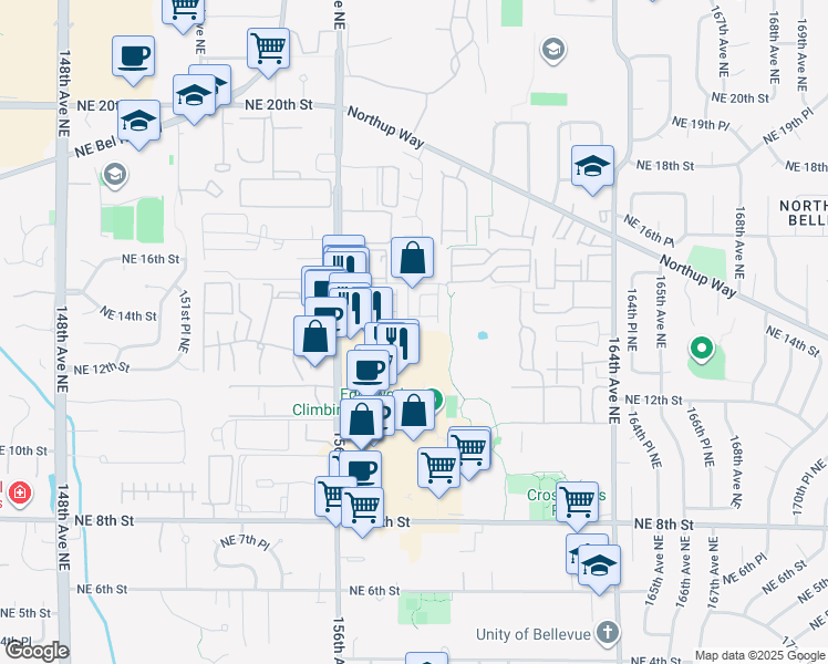 map of restaurants, bars, coffee shops, grocery stores, and more near 1390 158th Place Northeast in Bellevue