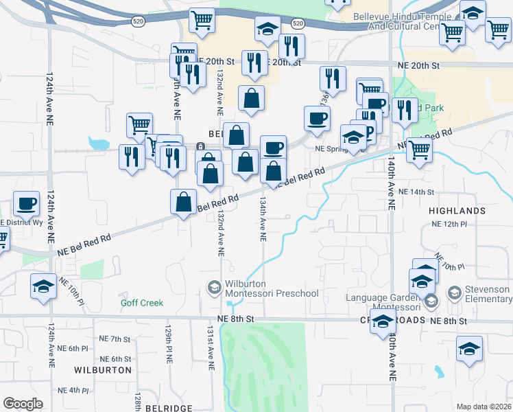 map of restaurants, bars, coffee shops, grocery stores, and more near 13408 Northeast 12th Place in Bellevue