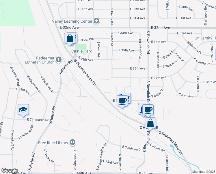 map of restaurants, bars, coffee shops, grocery stores, and more near 11014 East 38th Avenue in Spokane Valley