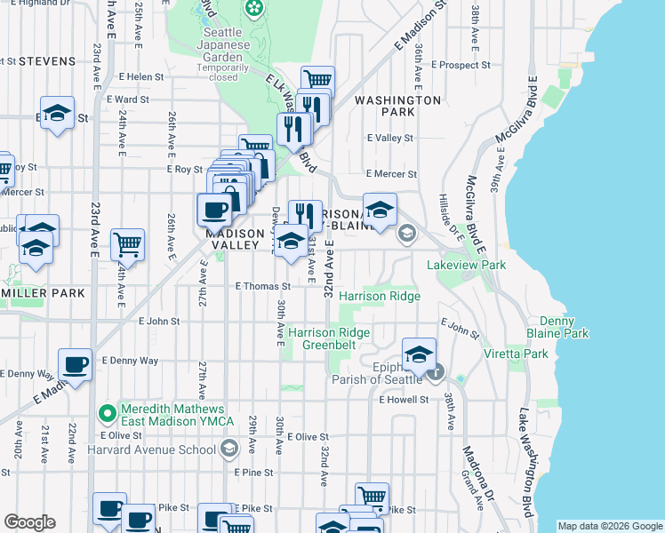 map of restaurants, bars, coffee shops, grocery stores, and more near in Seattle