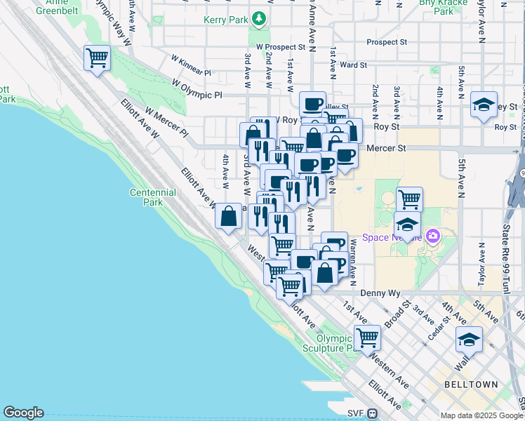 map of restaurants, bars, coffee shops, grocery stores, and more near 201 West Harrison Street in Seattle